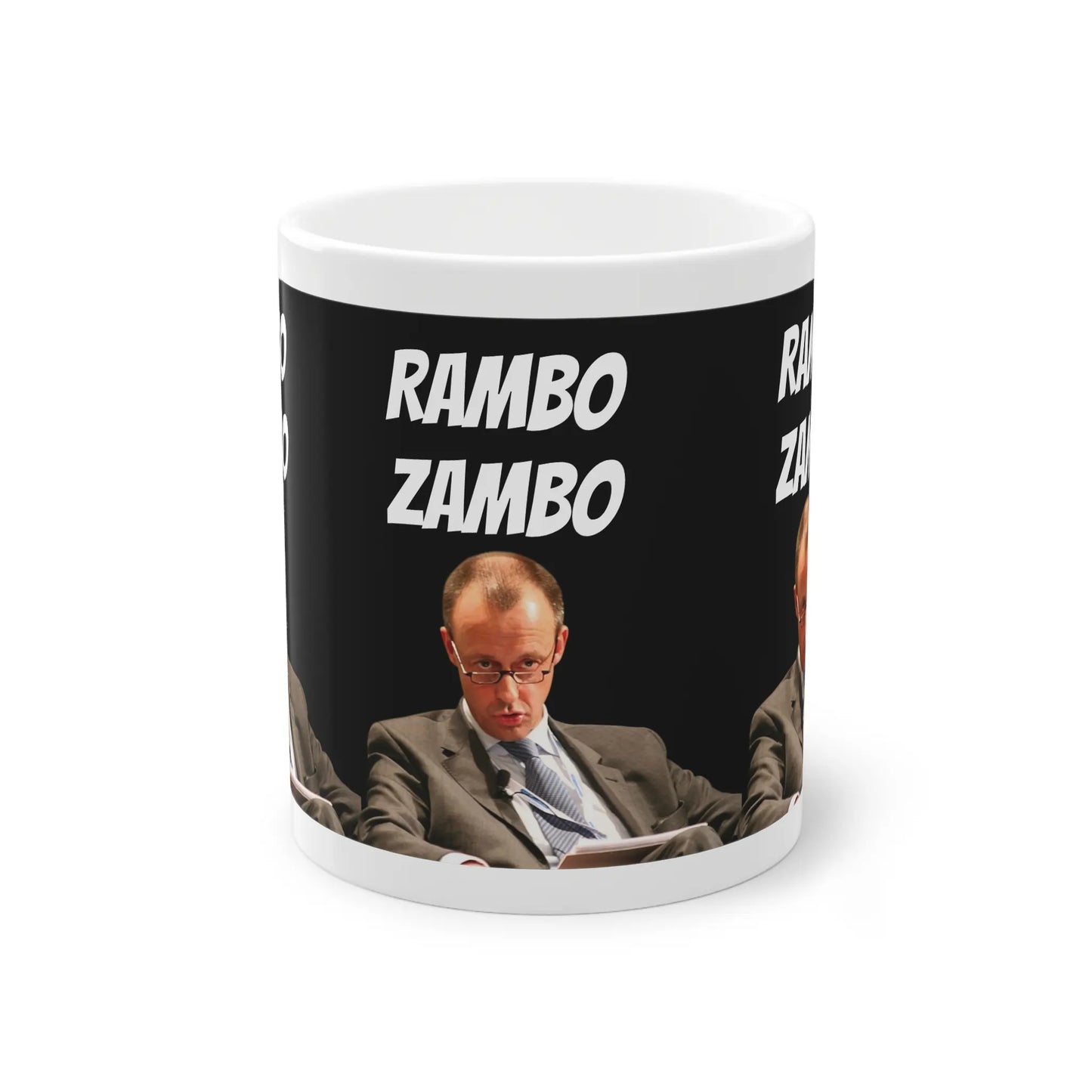 Frontansicht der Rambo Zambo Tasse mit Orca Coating, perfekt als Fritze Merz Merch oder lustige Kaffeetasse für Politikfans.