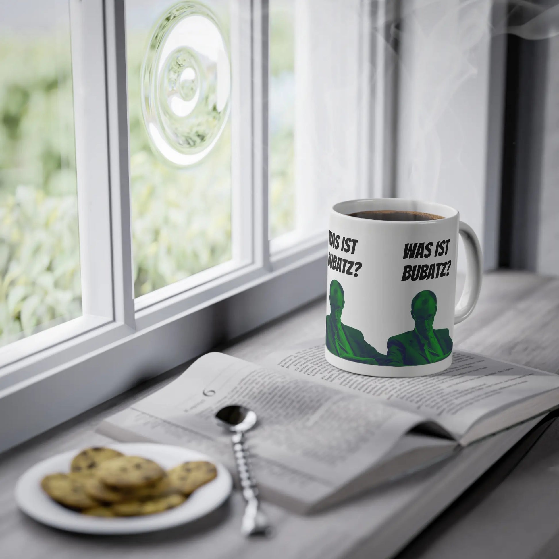 weiße Friedrich Merz Meme Tasse auf Fensterbrett 