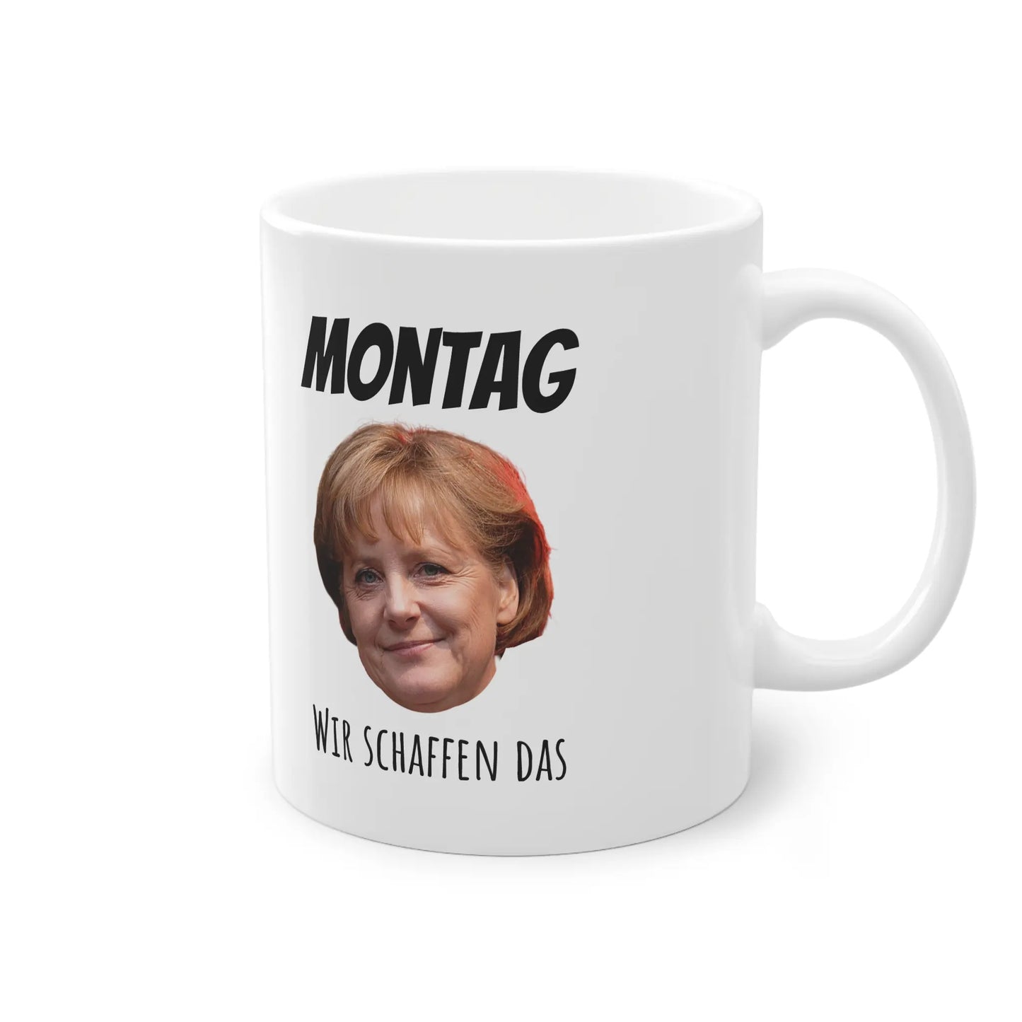 Diese Merkel Meme Tasse ist ein humorvolles Geschenk zur Motivation und sorgt im Arbeitsalltag für ein schmunzelndes 'Wir schaffen das