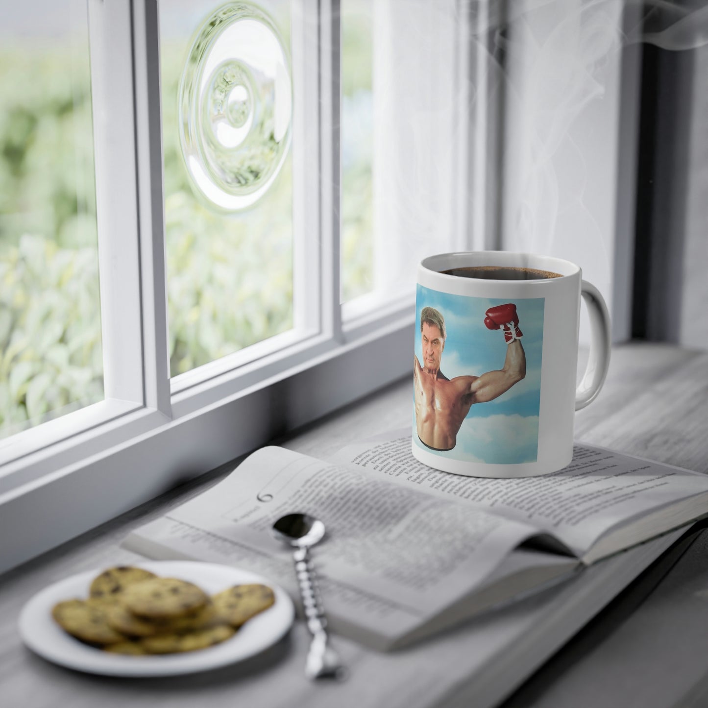 Markus Söder Boxer Meme Tasse mit Kaffee gefüllt